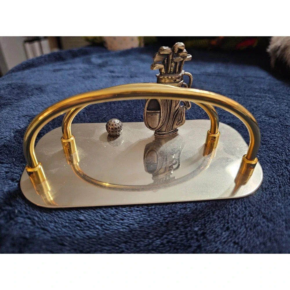 Vintage Golf Bag Letter Holder Gold Tone Metal Napkin Stand Desk Accessory